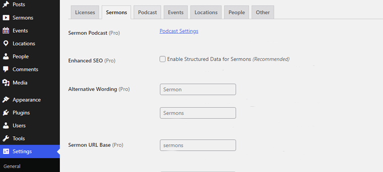 Go to Sermons and Click on Settings