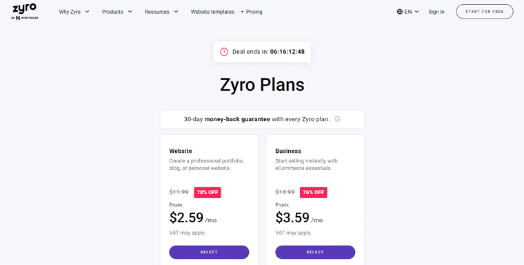 Zyro Pricing Plans - WordPress vs Zyro