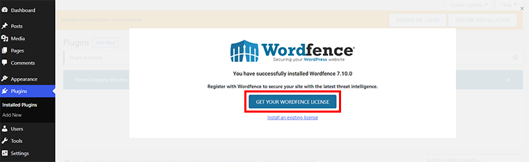 Click on Get Your Wordfence License Option