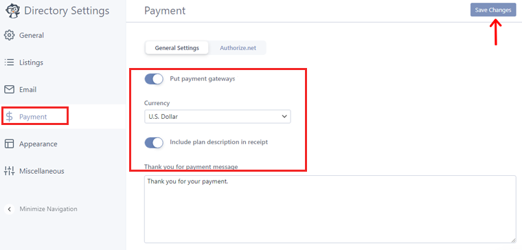 Customize Payment and Save Changes