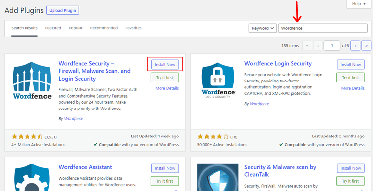 Search Install and Activate the Worfence Security Plugin