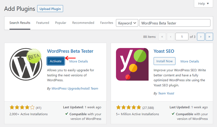 Activate WordPress Beta Tester