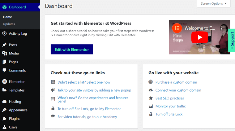 Elementor Hosting WordPress Dashboard