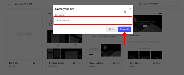 Give a Preferred Website Name & Click on Create Site Option