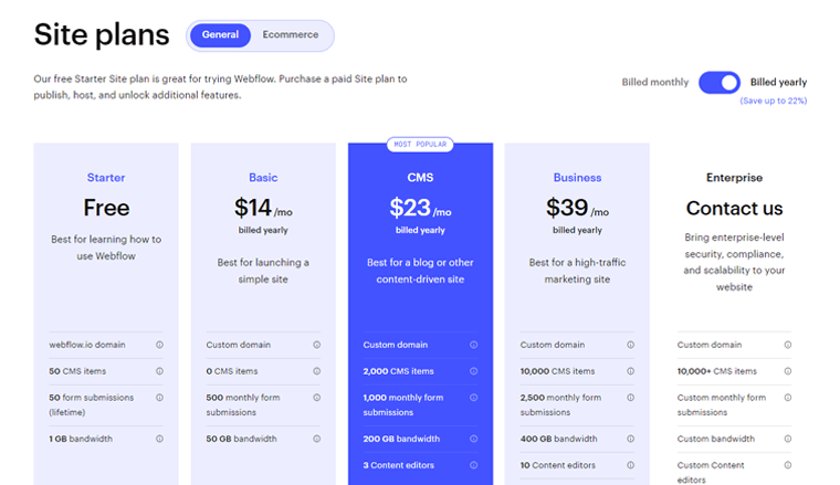 WebFlow Pricing Page