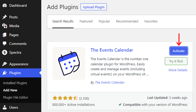 Activate The Event Calendar Plugin 