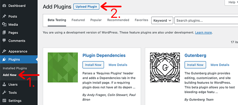 Click on the Upload Plugin Button