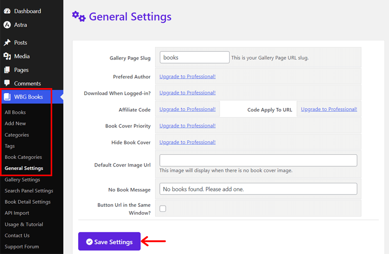 General Settings of the Books Library Plugin