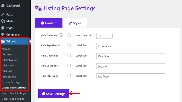 JobWP Listing Page Settings