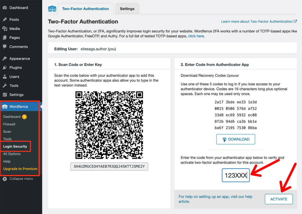 Two Factor Authentication for WordPress Login using Wordfence