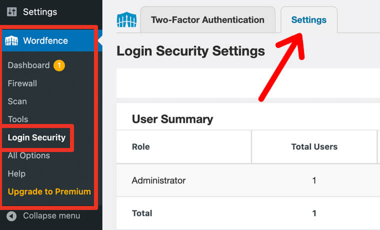 Login Security Settings on Wordfence