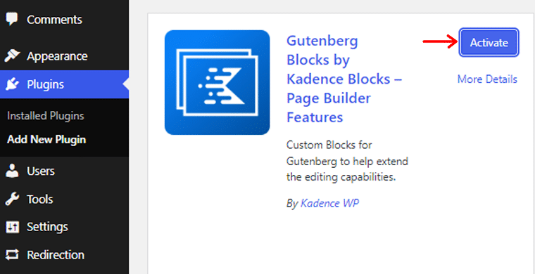 Activating Kadence Blocks Free Version