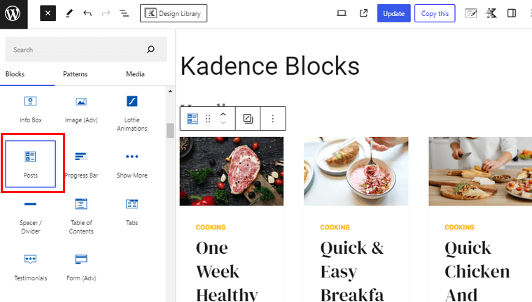 Adding Kadence Posts Block