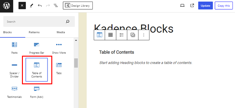 Adding Table Of Contents Block