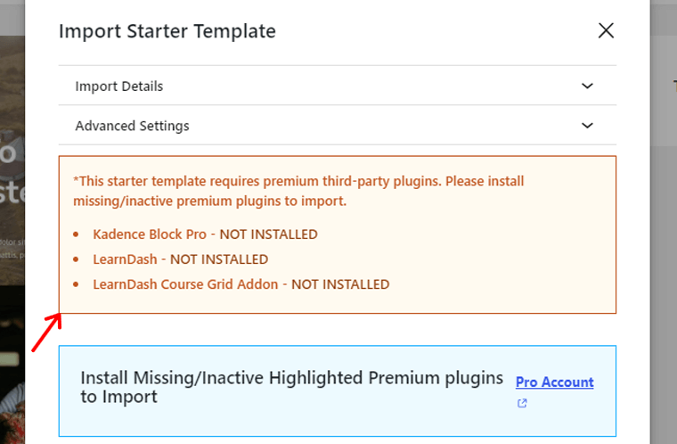 Requirement Message For installing Kadence Starter Templates