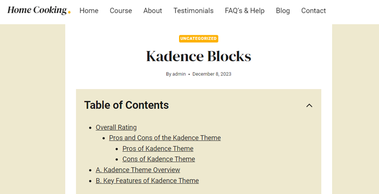 Table Of Contents Block Example