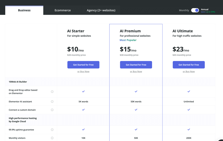 10Web AI Website Builder Pricing