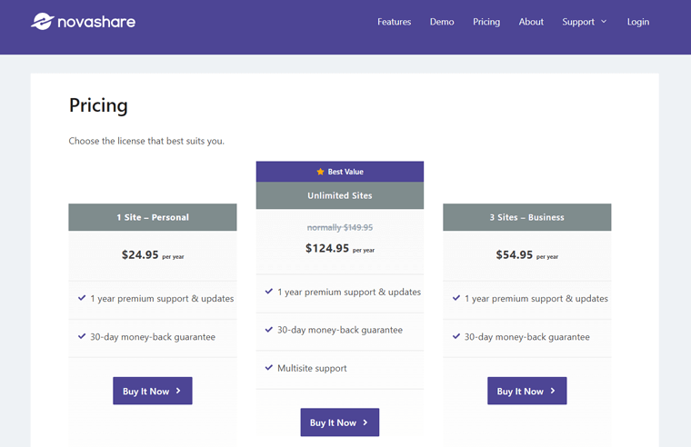 Novashare Pricing Page