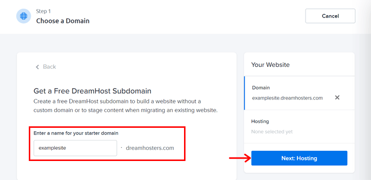 Enter Domain and Click Next Hosting