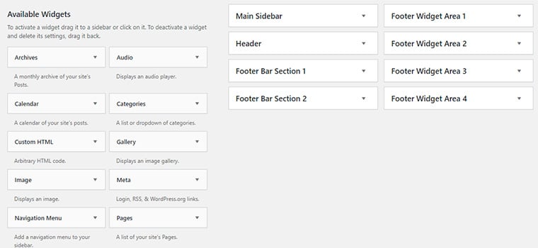 Available Widgets and  Widget Areas in WordPress