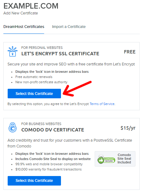 SSL Certificate Options on DreamHost