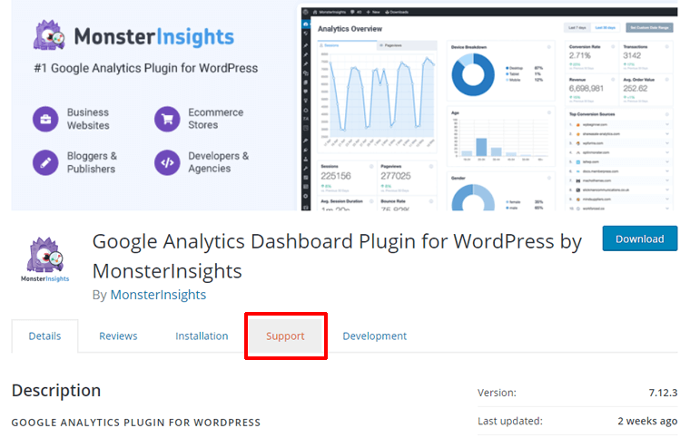 Support Tab for MonsterInsights Plugin at WordPress.org