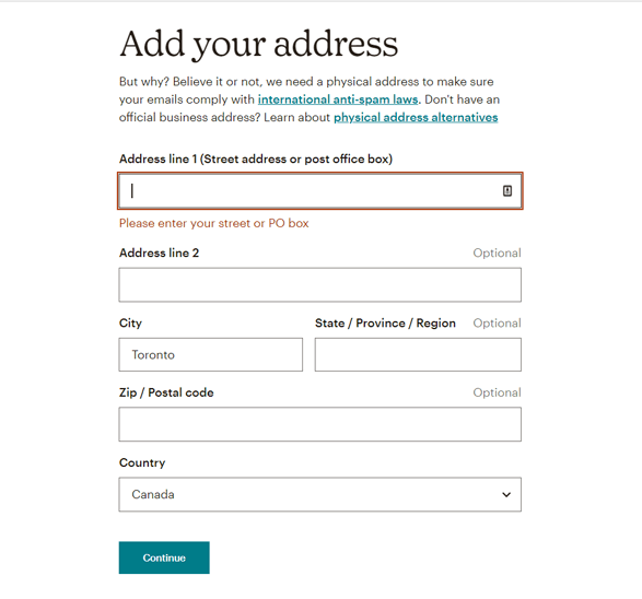 Enter Address to Setup Mailchimp Account