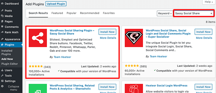 Search for Sassy Social Share in Search Field