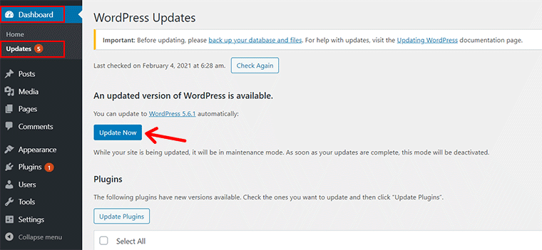 Updates Menu from WordPress Dashboard