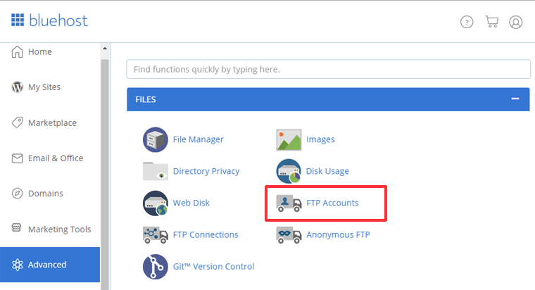 FTP Accounts Option in Bluehost