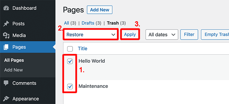 Restore Deleted Page in Bulk from Trash