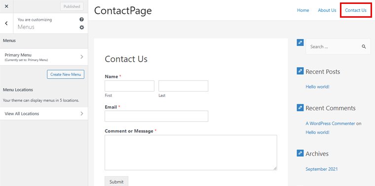 Contact us page link shown in menu