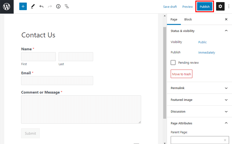 Publish the created contact page in WordPress site