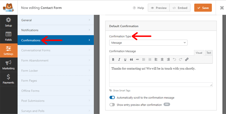 Confirmation showing Message after submitting Contact Form