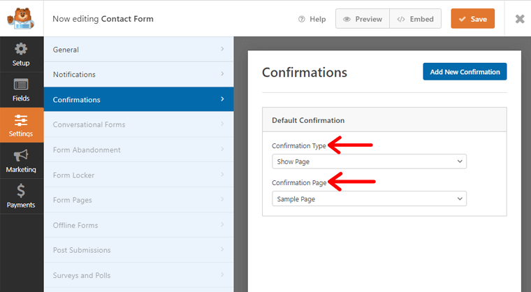 Confirmation showing Page after submitting Contact Form