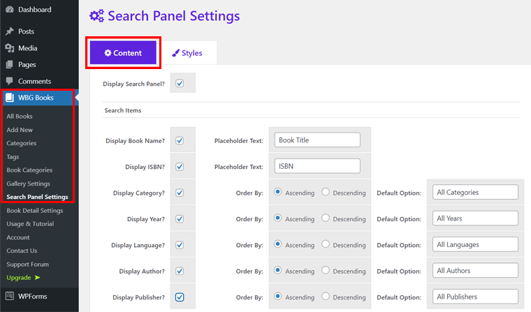 Search Panel Settings in Books Gallery
