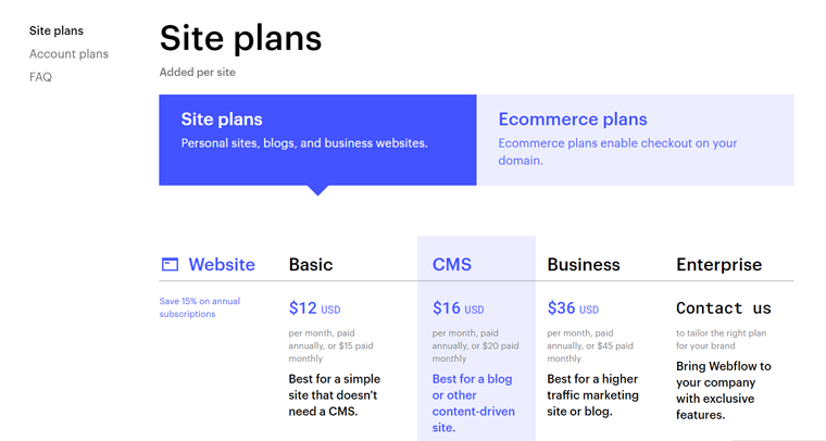 Webflow Site Plans