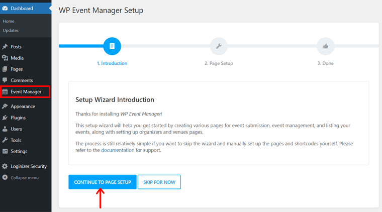 Continue Page Setup - Setup Wizard