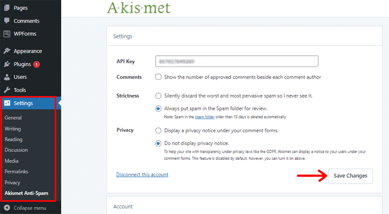 Configure Settings of Akismet Spam Protection Plugin