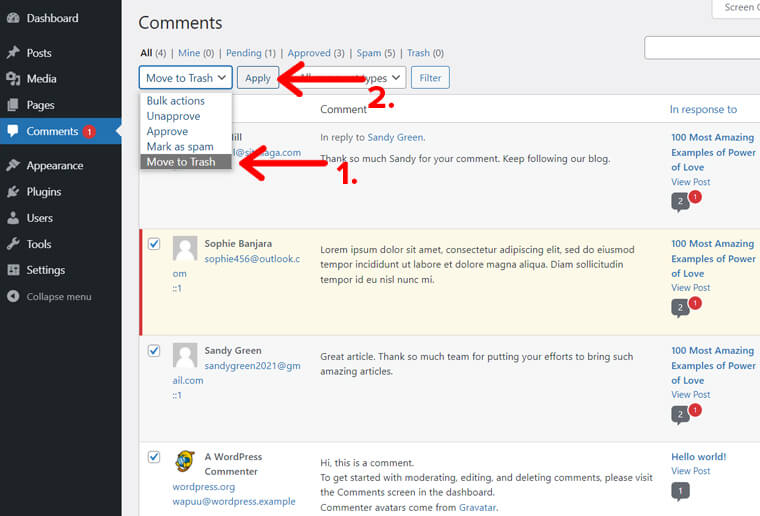 Apply 'Move to Trash' for All Comments on WordPress