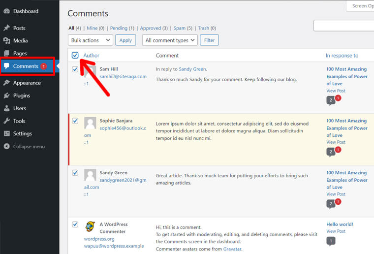 Select All Comments on a WordPress Website