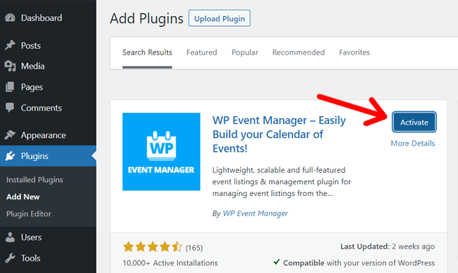 Activate WP Event Manager Plugin