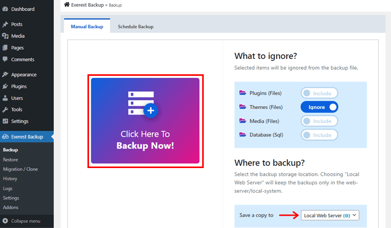 Click Here to Backup Now in Local Server
