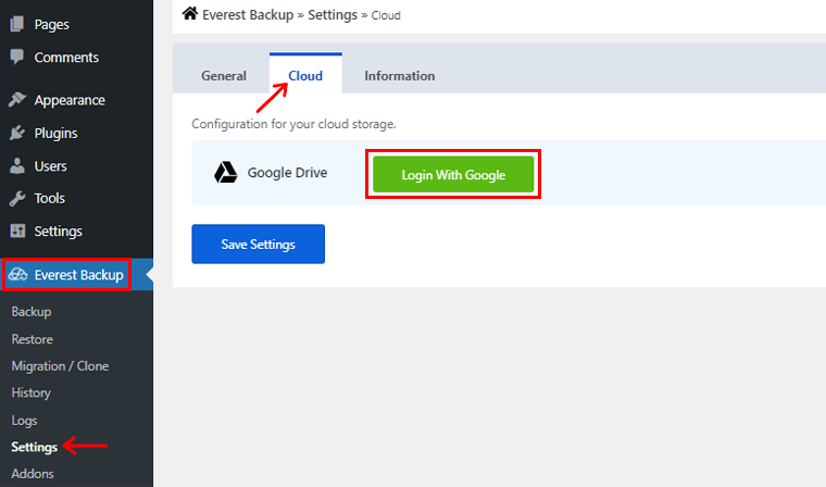 Go to Everest Backup Settings to Link Google Account