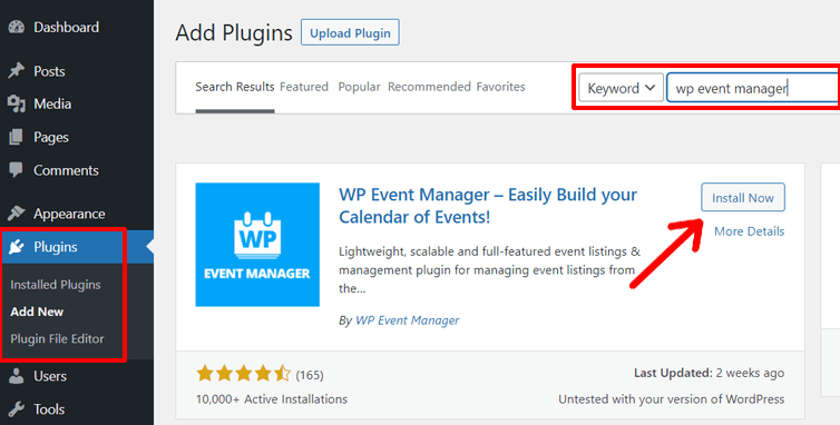 Install Now WP Event Manager Plugin