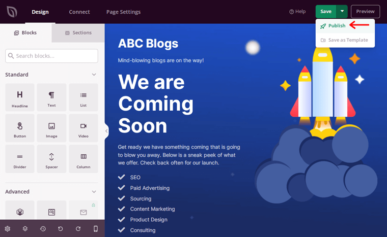 Publish the Coming Soon Page Template