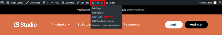 Go to Edit Live & Click on Edit Footer