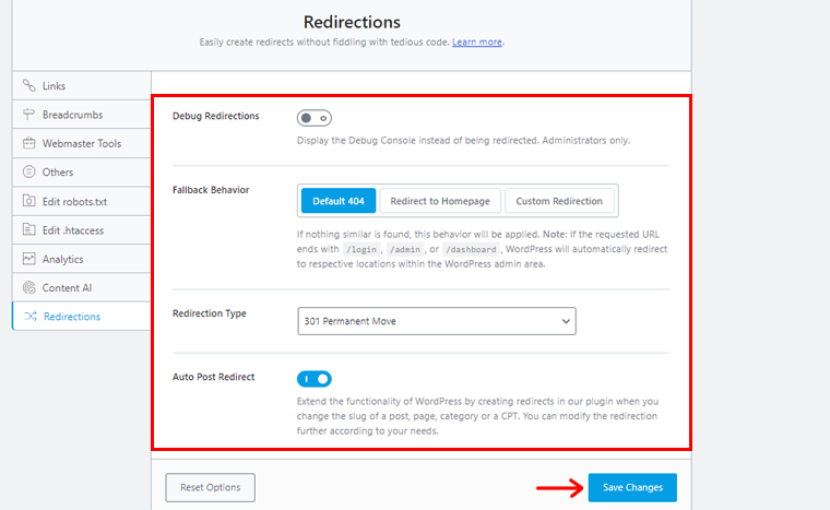 Configure Redirections Settings & Click on Save Changes