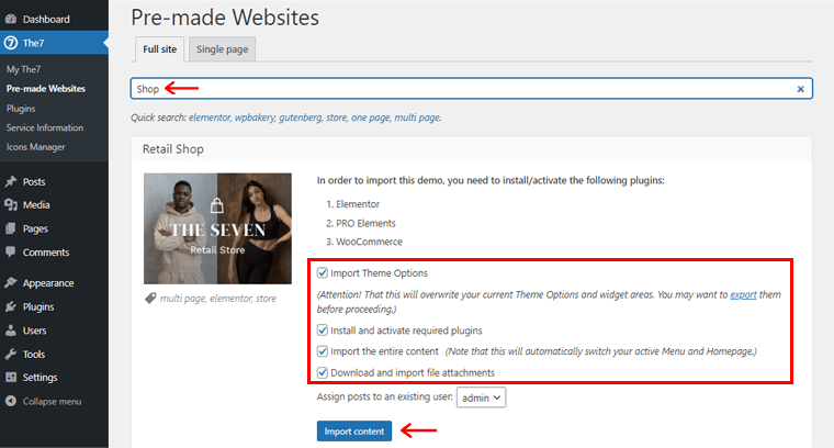 Search your Required Demo Site, Put Tick on Options & Import Content