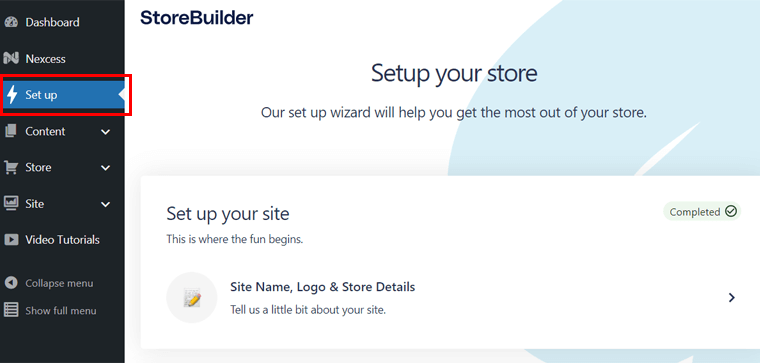 Setup Menu on WordPress StoreBuilder
